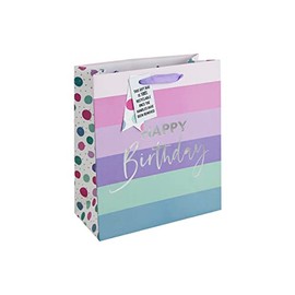 Eurowrap Stripes and Dots White Kraft Happy Birthday Gift Bag With Gift Tag 100% Recyclable Female Ladies Occassions Medium