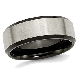 Gem And Harmony Mens Titanium 8mm Brushed Wedding Band Ring with Black Plated Beveled Edge