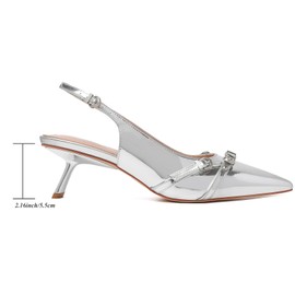 Mostrin Silver Heels for Women Slingback Kitten Heels Pointed Toe Pumps Patent Leather Low Heel Dressy Shoes for Dating Party Working Size 6