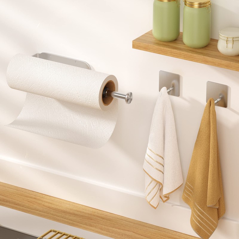 Paper Towel Holder Under Cabinet + Towel Robe Hooks, Single