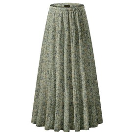 NASHALYLY Women's Chiffon Elastic High Waist Pleated A-Line Flared Maxi Skirts(Green Floral B,XL)