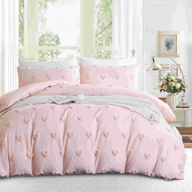 Freyamy Boho Bed Linen 135 x 200 cm 2-Piece Pink Tufted Heart Bohemian Bed Linen Embroidery Shabby Chic Bedding Sets Microfibre Soft Duvet Cover with Zip and Pillowcase 80 x 80 cm