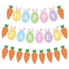 EchoDone Happy Easter Bunny Banner, Colorful Cute Rabbit Bunny Carrot Garland, Decorations for Home Garden Spring Celebration