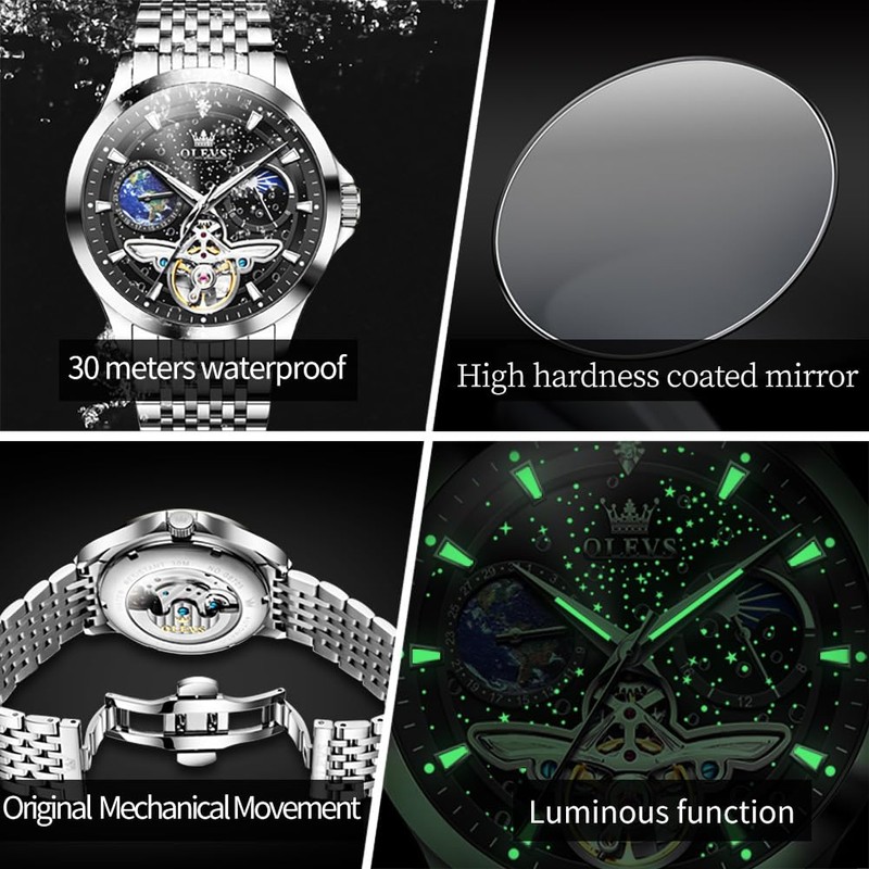 OLEVS Watches Mens Automatic Skeleton Original tourbillon Self Winding Luxury