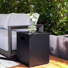 Sol Living Black Propane Tank Cover Fire Pit Accessories Square 16 Inches Metal Outdoor Side Table Fits Standard 20 Pound Propane Tank Hideaway Table