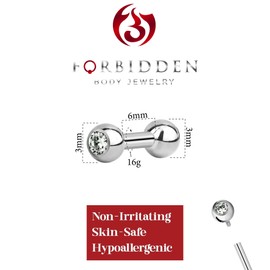 Forbidden Body Jewelry 14G-16G Titanium Single CZ Crystal Top Barbell for Cartilage and Tongue Piercings, Metal, cubic-zirconia