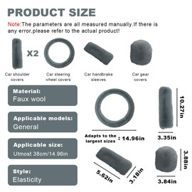 5PCS Fluffy Car Steering Wheel Cover Set, Includes Faux Fur Gear Shift Cover & Handbrake Cover & Steering Wheel Protector & 2 Seat Belt Shoulder Pads, Winter Fuzzy Warm Car Accessories (Grey)