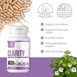 Integral Wellness - Clarity | Lions Mane + Bacopa - 3rd Party Tested, Filler-Free, Clinically Dosed, 60 Count (Pack of 1)