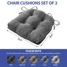IPYNBAP Chair Cushions for Dining Chairs Set of 2, Indoor Kitchen Chair Cushions with Ties and Non Slip Backing, Tufted Shredded Memory Foam Kitchen Chair Pads, 15.5" x 15.5" x 4", Dark Grey
