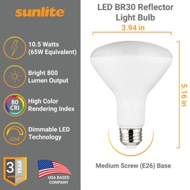 Sunlite 41177 LED BR30 Recessed Light Bulb, 10.5 Watt (65w Equivalent), 800 Lumens, Medium E26 Base, Dimmable Flood, 6 Pack, 4000K Cool White