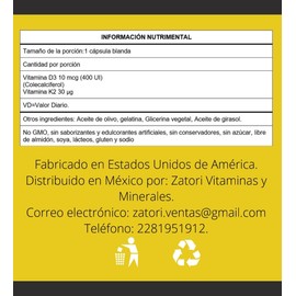 Vitamina D3 más vitamina K2 400 ui suministro para 300 días Cápsulas Blandas