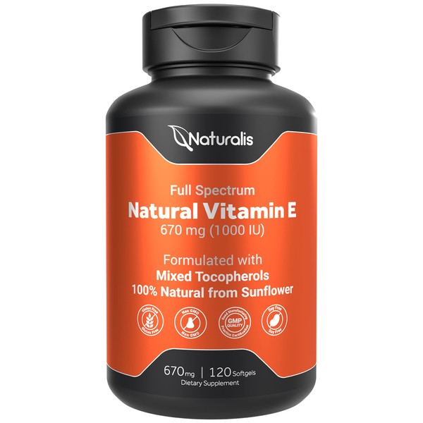 Naturalis Sunflower Vitamin E 670mg (1000 IU) with Mixed Tocopherols | Essential Skin Vitamin & Immune Support | Non-GMO, Soy & Gluten Free | 120 Softgels