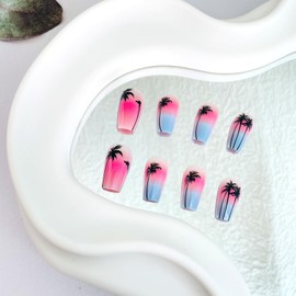 French Tip Press on Nails Medium Coffin Fake Nails with Coconut Tree Designs Seaside Starry Sky Gradient Glue on Nails Pink Blue Acrylic Nails Summer Beach Stick on Nails for Women Girls