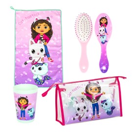 Gabby's Doll House Girls Toiletry Bag, Includes Glass, Hairbrush, Towel and Children's Toiletry Bag, Pandy Paws Gabby and Mercat Design, pink, Classic