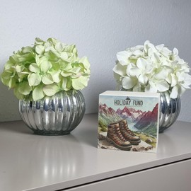 Holiday in the Mountains Holiday Fund Money Box Wooden with Saying Holiday Fund Hiking Holiday Couple Hiking Boots Stone Background Holiday Money Alps Mountains