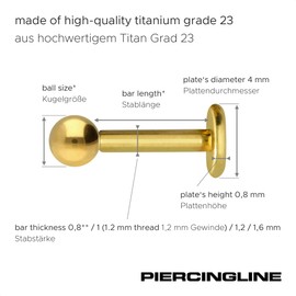 PIERCINGLINE Titanium Labret Stud | Ball | Piercing Ear Lip Nose | Choice of Colours and Sizes, 1.2 mm bar thickness: 7 mm bar length., Gold colour 3 mm ball size