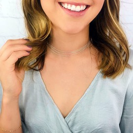 Beriso Silver Plated Shining Layered Satellite Choker Necklace Adjustable 3 layers Satellite Chain Necklace Fashion Choker Dainty Jewelry Gift Shiny Silver Necklace for Women Girl Friend Mom Daughter