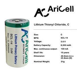 Aricell SCL-14 (C) 3.6V Lithium Thionyl Chloride Battery (5 Pack)