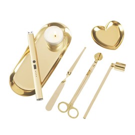6 in 1 Candle Wick Trimmer Cutter,Candle Lighter Rechargeable, Candle Snuffer Extinguisher, Candle Wick Dipper, Candle Care Kit，Candle Accessory Set with Storage Tray Plate for Candle Lover (Gold-02)