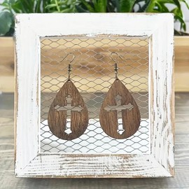 Eioi & Lmnm Women's Bohemian Wooden Teardrop Hollow Cross Dangle Earrings, Boho Lightweight Wood Cross Drop Earrings, Fish Hook Big Teardrop Earrings Dangling (A)