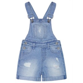 KIDSCOOL SPACE Cute Denim Shorts for Little and Big Kids Ripped Pleated Hem Adjustable Straps Summer Denim Shorts, Blue-2451