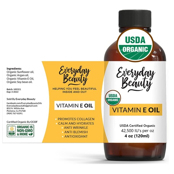 Organic Vitamin E Oil for Scars - USDA Certified 100% All Natural Plant Based 4oz - Light and Unscented Great for Facial Scars After Surgery - Reduce Wrinkles, Anti Aging, Lighten Dark Spots