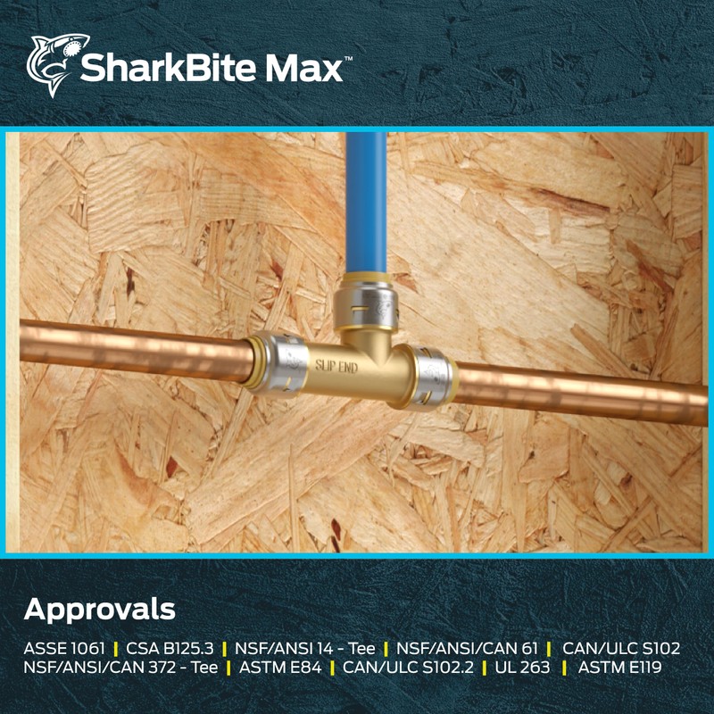 SharkBite Max 1/2 Inch Slip Tee, Push to Connect Brass