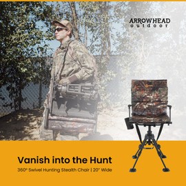 ARROWHEAD OUTDOOR Wide Folding 360° Hunting Swivel Blind Chair with Removable Camouflage Seat Pad, Armrest, No-Sink Feet, Shoulder Strap, Mesh Chair, Adjustable Height
