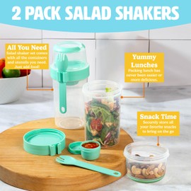 Tasty Salad Shakers with Sporks, Bring Salads and Snacks to Go, All-In-One Container, Convenient Carry Handle, Separate Compartments, 2-Pack Set, Aqua