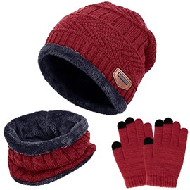 TMEOG Winter Hat Children's Scarf Gloves Set, Knitted Hat Toddler Loop Scarf with Fleece Lining Touchscreen Gloves Hat, Scarf & Glove Sets for Boys Girls 5-10 Years, G# Hat&Scarf&Gloves_Red