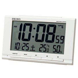 Seiko Clock SQ789W Table Clock, White, Product Size: 3.6 x 5.8 x 1.9 inches (9.1 x 14.8 x 4.7 cm), Alarm Clock, Radio Control, Digital Calendar, Temperature, Humidity Display