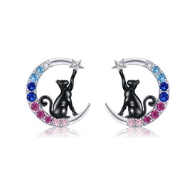 VONALA Moon Cat Earrings for Women 925 Sterling Silver Cat Stud Earrings Colorful Cat Jewelry