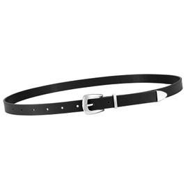 VONMELLI Women Skinny Leather Belt for Jeans Dress Black Thin Waist Belt Ladies Belt with Sliver Buckle, M
