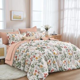 Yiran 7 Piece Floral Comforter Set King Size, White Green Summer Comforter Bedding Set, Botanical Bed in a Bag with Flowers Pattern, Soft Microfiber Complete Bedding Set with Sheets for All Season