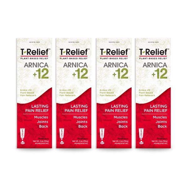 T-Relief Arnica +12 Cream Natural Relieving Actives for Back Pain Joint Soreness Muscle Aches & Stiffness, Whole Body Fast Acting Relief for Women & Men - 4 oz (4 Pack)