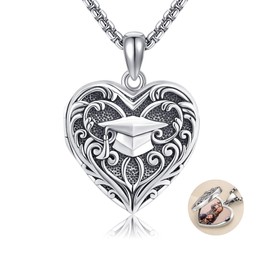 HKPATOP Heart Graduation Locket Necklace Sterling Silver Bachelor Cap Necklaces Heart Picture Locket Necklace to Keep Someone Near to You