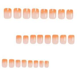 French Tip Nails - 24pcs Short Square False Nails - Orange Gradient Fake Nails with Glue - 12sizes Natural Glossy Full Cover Press On - Removable DIY Nail Art for Women Girls Daily Wear
