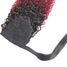 Ombre Curly Ponytail Hair for Women 3C Wrap Around Kinky Curly Pony Tails Hairpiece Ombre Ponytail Black to Burgundy Afro Curly Brazilian Human Hair Extension Full Head Water Wavy Ponytail 20''
