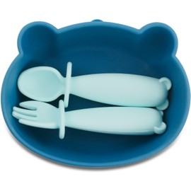 teensy peepsy Bear Silicone Baby Bowl Suction Baby Spoon Baby Fork for Babies 6 months+ Suction Bowls for Baby Utensils 6-12M+ BLW Baby Essentials Newborn Essentials Must Haves (Aquamarine)