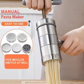 Manual Pasta Press, Stainless Steel Pasta Machine, 5-in-1 Pasta Maker, Portable Manual Operated Pasta Machine for Kitchen Use (18 x 13 x 6 cm) (Grey)