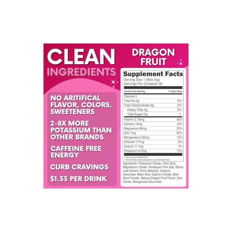 Zero Sugar Dragon Fruit Electrolytes Sticks - Refreshing Hydration -