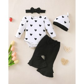Renotemy Newborn Infant Baby Girl Clothes 0-3 Months Baby Girl Outfit Infant Long Sleeve Romper Clothes Coming Home Newborn Essentials Outfits Gifts Black Bell Bottom Pants Bodysuit Clothing Set