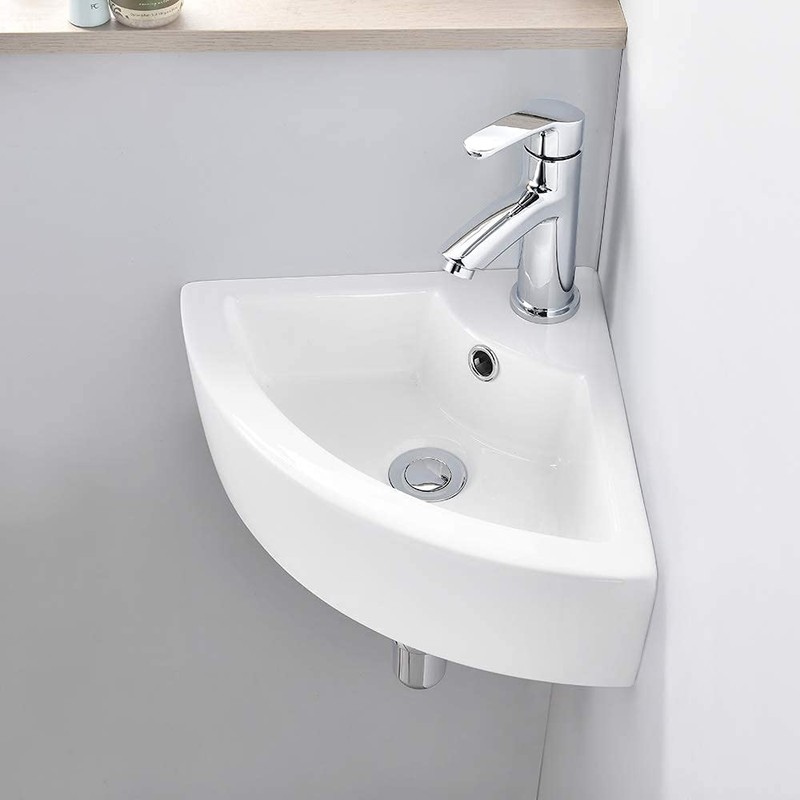 VASOYO Small Corner Bathroom Sink Wall Mount White Triangle Porcelain