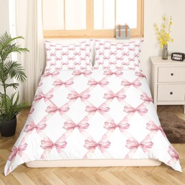 Manfei Pink Bowknot Bedding Set Dreamy Princess Style Kids Girls Comforter Cover Set for Kids Teens Bedroom Decor Watercolor Bow Geometric Grids White Duvet Cover Bedspread Full Size