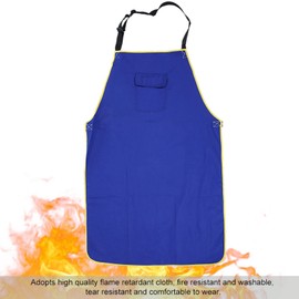 Fire Retardant Apron Adjustable Buckle Flame Retardant Apron Blue Welding Apron with Front Chest Pockets, Safety Work Apron for Welding Mechanical, Metal Processing, etc.