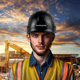 DarlingSafe DR08 Construction Safety Helmet ABS Hard Hat Adjustable Ventilation Hardhats Industrial Work Head Protection for Men Certified ANSI/ISEA Z89.1 Industrial (DR08-Black Hard Hat)