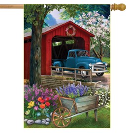 Briarwood Lane Bridge in Blooms Spring House Flag Floral Pickup Truck 28" x 40"