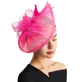 DRESHOW Fascinator Hats for Women Pillbox Hat with Veil Headband and a Forked Clip Tea Party Headpiece, 1 pc: 03 fm-deep pink