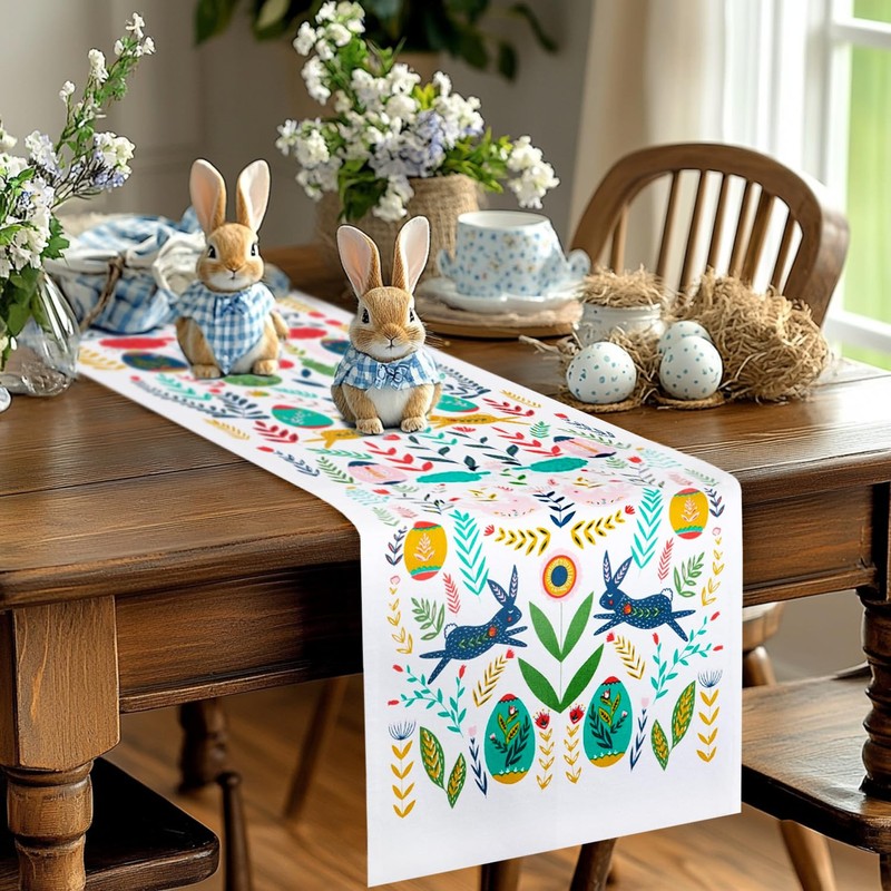 Easter Folk Collection Cotton Table Runner 13x72 Inch, Pastel Spring