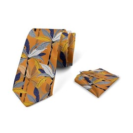 Ambesonne Tropical Men's Tie Set, Palm Leaves on an Amber Tone Backdrop, Necktie Set Groom Handkerchief for Parties Weddings & All Occasions, Amber Multicolor